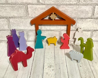 Children's Wooden Nativity Set  11 Pc Hand Painted - Kids Table Top Chunky Wood Nativity Play Set - Wood Manger Scene - Christmas