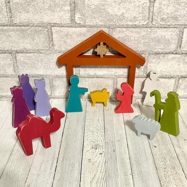 Children's Wooden Nativity Set  11 Pc Hand Painted - Kids Table Top Chunky Wood Nativity Play Set - Wood Manger Scene - Christmas