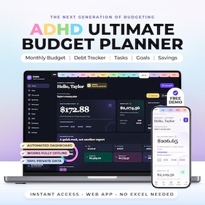 May include: A digital ADHD Ultimate Budget Planner displayed on a laptop and smartphone screen. The interface features a dark theme with colorful accents, showing financial data, monthly budgets, debt trackers, tasks, goals, and savings modules.