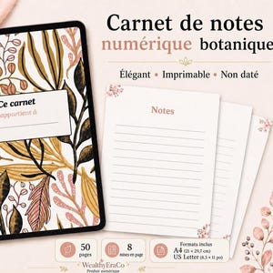 Carnet de notes numérique botanique, PDF étudiant imprimable, 50 pages, notes Cornell, lignées, pointillées, A4 et US Letter