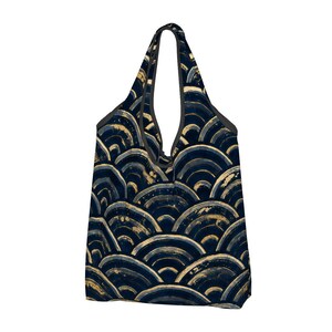Japanese Seigaiha Foldable Tote Bag, Navy Gold Wave Shopping Bag, Reusable Grocery Bag, Japanese Pattern Market Tote, Japan Gift