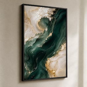 May include: A rectangular wall art piece featuring an abstract fluid painting with swirling patterns of deep forest green, creamy white, and metallic gold accents, enclosed within a thin, dark black frame that borders the entire composition.