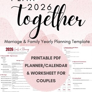 May include: A printable PDF planner and worksheet for couples. The design features the words "Plan Together" in elegant script, with the year 2026 prominently displayed. The template includes sections for marriage goals, planning, and relationship commitments.