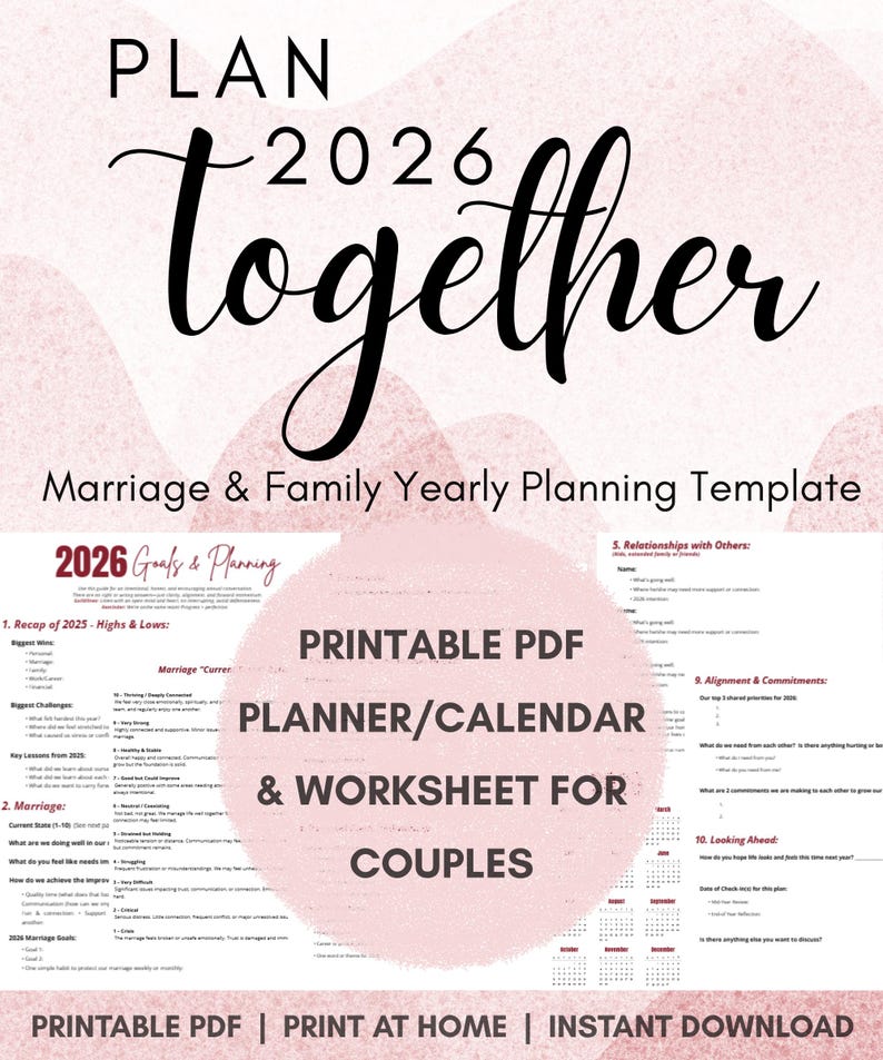 May include: A printable PDF planner and worksheet for couples. The design features the words "Plan Together" in elegant script, with the year 2026 prominently displayed. The template includes sections for marriage goals, planning, and relationship commitments.