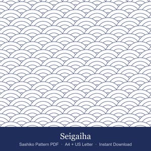 May include: A repeating Seigaiha pattern featuring dark blue concentric semicircles on a white background. The bottom dark blue banner displays the text: Seigaiha, Sashiko Pattern PDF, A4 + US Letter, Instant Download.