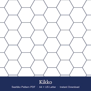 May include: A digital document featuring a repeating geometric pattern of dark blue hexagons on a white background. The bottom section includes a dark blue banner with the white text Kikko, Sashiko Pattern PDF, A4 + US Letter, Instant Download.