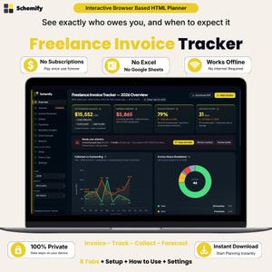 May include: A laptop screen displaying the Schemify Freelance Invoice Tracker software interface. The dashboard shows financial data, including outstanding balances, overdue amounts, collection rates, and invoice status charts with a dark theme.