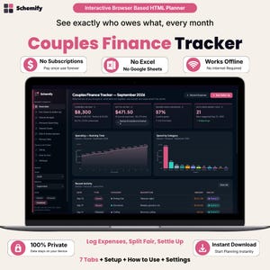 May include: A laptop displaying the Schemify Couples Finance Tracker interface, featuring a dark mode dashboard with financial charts, spending categories, and expense logs for September 2026. The screen shows combined income, settlement totals, and goal progress.