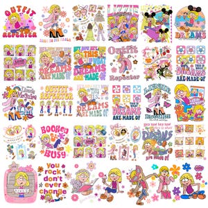 Op de afbeelding: Een verzameling kleurrijke digitale stickers met het stripfiguur Lizzie McGuire in verschillende houdingen en outfits, vergezeld van grafische teksten in retrostijl, waaronder zinnen als Outfit Repeater, This Is What Dreams Are Made Of en Booked & Busy.