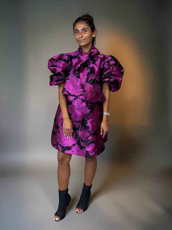 Vintage 80s Metallic Fuchsia Floral Mini Dress - image 3