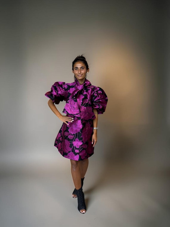 Vintage 80s Metallic Fuchsia Floral Mini Dress - image 1