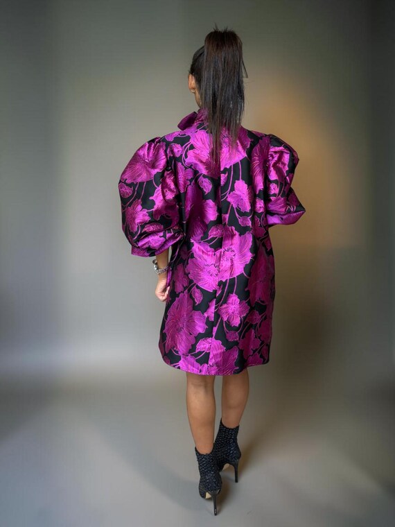 Vintage 80s Metallic Fuchsia Floral Mini Dress - image 5