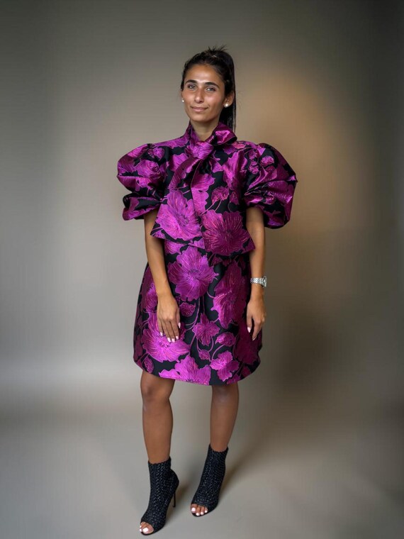 Vintage 80s Metallic Fuchsia Floral Mini Dress - image 2