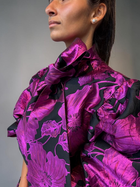 Vintage 80s Metallic Fuchsia Floral Mini Dress - image 6