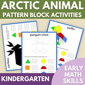 May include: Three educational activity sheets titled Arctic Animal Pattern Block Activities featuring outlines of a caribou, penguin chick, and puffin. Each page includes geometric shapes, counting prompts, and lines for writing numbers to build early math skills.