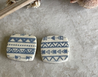 Metalsmithing Cabochons with Geometric Design, Blue Rounded Square, Earring Cab Pair, Bracelet Cabs, Porcelain Cabs, Ceramic Charms