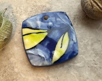 Medium Blue and Chartreuse Leaf Bead, Square Pendant, Artisan jewelry, Porcelain Ceramic Pendant, Jewelry Making Components