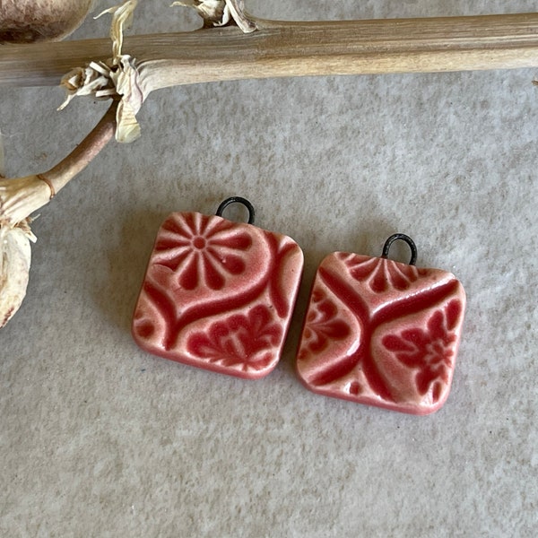 Red Talavera Tile, Red Earring Bead Pair, Porcelain Ceramic Charms, Jewelry Making Components, Beading Handmade