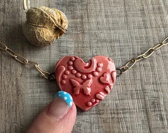 Red Heart, Hearts and Butterflies, Double Wire Heart Pendant, Porcelain Ceramic Pendant, Artisan Pendant, Jewelry Making Components