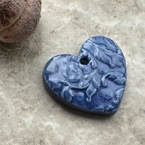 Blue Heart Pendant, Floral Pattern, Heart Pendant, Porcelain Ceramic Pendant, Artisan Pendant, Jewelry Making Components