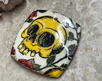 Skulls and Roses Pendant, Tattoo Style Pendant, Spooky Pendant, Gift for Her, Porcelain Pendant, Jewelry Making Components
