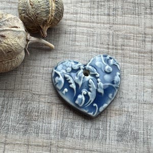 Creamy Blue Heart, Floral Heart, Heart Pendant, Porcelain Ceramic Pendant, Artisan Pendant, Jewelry Making Components