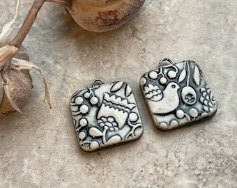 Black and White Scandinavian Bird and Tulip Beads, Black Earring Bead Pair, Porcelain Ceramic Charms, Jewelry Making Components