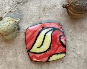 Medium Red and Chartreuse Leaf Bead, Square  Pendant, Artisan jewelry, Porcelain Ceramic Pendant, Jewelry Making Components