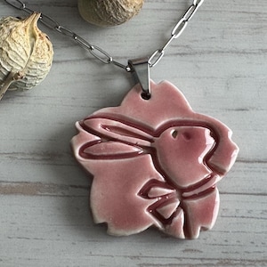 Pink Bunny Bead, Rabbit Pendant, Artisan jewelry, Porcelain Ceramic Pendant, Bird Necklace, Jewelry Making Components