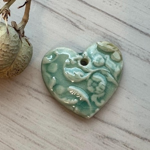 Turquoise Heart Pendant, Floral Pattern, Heart Pendant, Porcelain Ceramic Pendant, Artisan Pendant, Jewelry Making Components