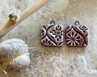 Burgundy Talavera Square, Earring Bead Pair, Porcelain Charms, Ceramic Charms, Jewelry Making Components, DIY Earrings, DIY Beads