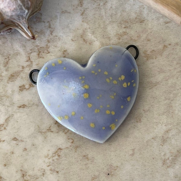 Blue Heart Pendant with Gold Flecks, Double Wire Heart Pendant, Porcelain Ceramic Pendant, Artisan Pendant, Jewelry Making Components