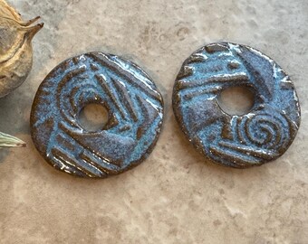 Bright Blue Donut Earring Bead Pair, Ceramic Charms, Jewelry Making Components, Beading Handmade