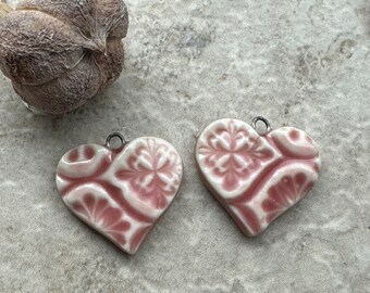 Pink Talavera Earring Bead Pair, Hearts, Vintage Pattern, Porcelain Ceramic Charms, Jewelry Making Components, Beading Handmade