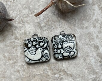 Black and White Tulip and Dove, Black Earring Bead Pair, Porcelain Ceramic Charms, Jewelry Making Components, Beading Handmade