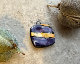 Purple and Gold Stripe, Square Earring Bead Pair, Unique Beads, Porcelain Charms, Jewelry Components