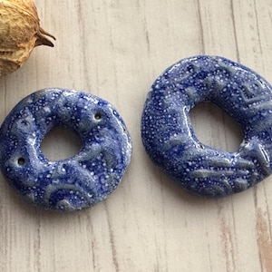 Bright Blue Donut Donut Beads, Ceramic Charms, Jewelry Making Components, Beading Handmade