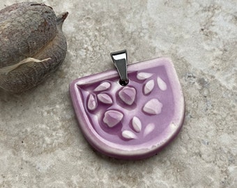 Heart Half Circle Pendant, Purple Heart Pendant, Porcelain Ceramic Pendant, Violet Pendant, Jewelry Making Components