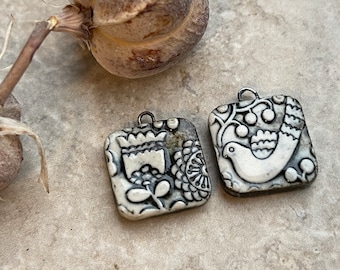 Black and White Scandinavian Bird and Tulip Beads, Black Earring Bead Pair, Porcelain Ceramic Charms, Jewelry Making Components