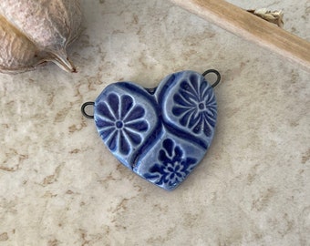 Blue Heart Pendant, Talavera Tile Pattern, Double Wire Heart Pendant, Porcelain Ceramic Pendant, Artisan Pendant, Jewelry Making Components