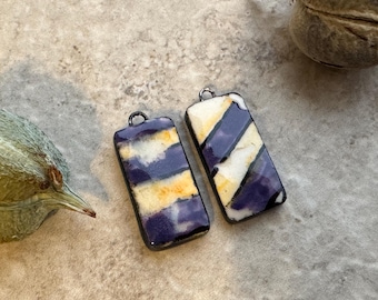 Purple and Gold, Stripe Pattern, Black Earring Bead Pair, Porcelain Ceramic Charms, Jewelry Making Components, Beading Handmade