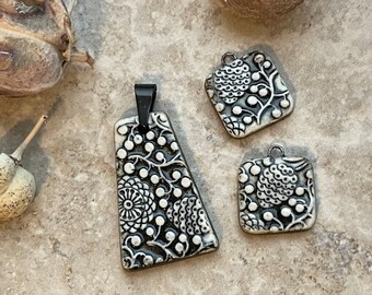 Triangle Pendant Set, Pinecone Bead, Black and White Scandinavian Earring Beads, Porcelain Ceramic Charms, Jewelry Making Components