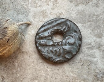 Grey Donut, Circle Pendant, Ceramic Focal Pendant Bead for Jewelry Making