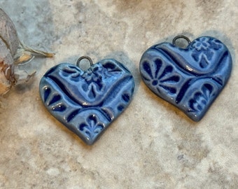 Blue Talavera Earring Bead Pair, Hearts, Vintage Pattern, Porcelain Ceramic Charms, Jewelry Making Components, Beading Handmade