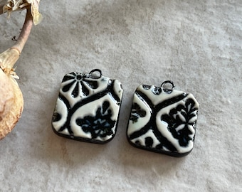 Black and White Talavera Tile Beads, Black and White Earring Bead Pair, Porcelain Ceramic Charms, Jewelry Components, Beading Handmade