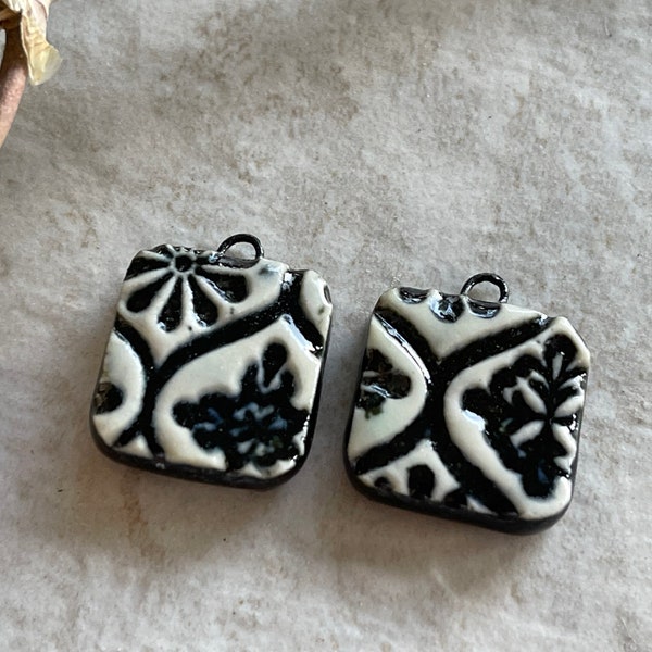 Black and White Talavera Tile Beads, Black and White Earring Bead Pair, Porcelain Ceramic Charms, Jewelry Components, Beading Handmade