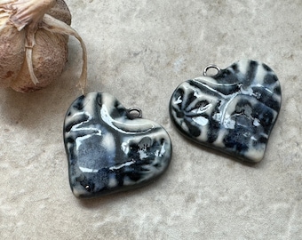Black and White Talavera Earring Bead Pair, Hearts, Vintage Pattern, Porcelain Ceramic Charms, Jewelry Making Components, Beading Handmade