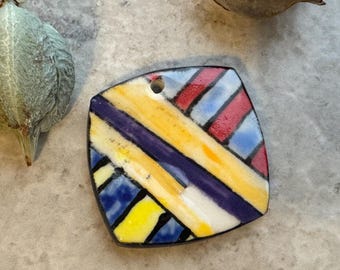 Medium Purple and Orange Geometric Bead, Square Pendant, Artisan jewelry, Porcelain Ceramic Pendant, Jewelry Making Components