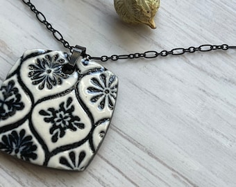 Medium Talavera Tile Pattern Pendant, Black and White Pendant, Porcelain Ceramic Pendant, Jewelry Making Components, Layering Necklace