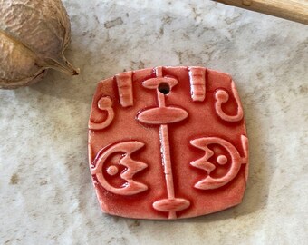 SALE Medium Red Abstract Pendant, Red Pendant, Red Tulip Pendant, Folk Art, Porcelain Ceramic Pendant, Jewelry Making Components